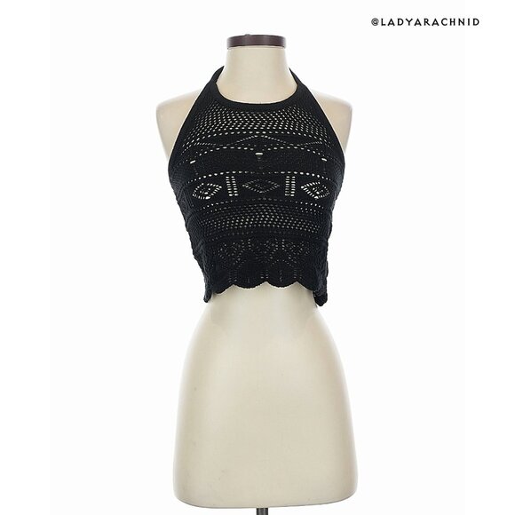 DISTURBIA Hooked pointelle knit black cropped halter top size S - Picture 6 of 9